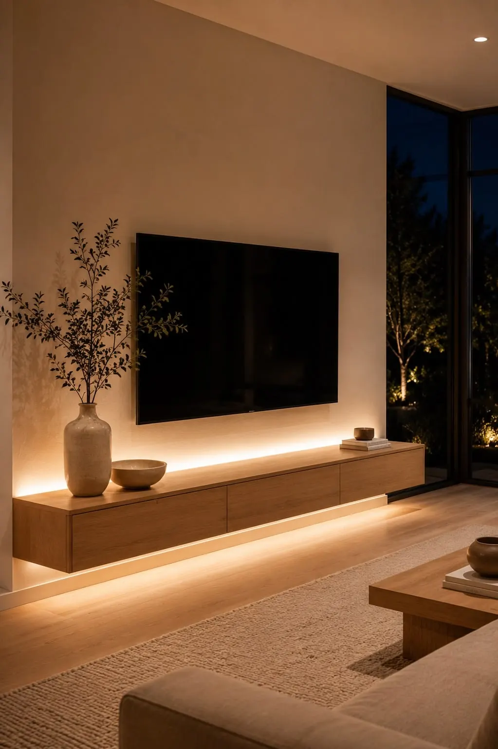 Rack suspenso de madeira com LED integrado iluminando a parede e o piso